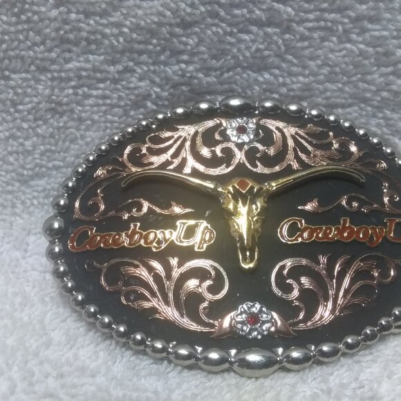 Montana Silversmiths Rose Gold Red Crystal Cowboy Up Texas Longhorns Buckle EC main image 5